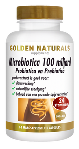 Golden Naturals Microbiotica 100 miljard supplement pot met gouden deksel en witte fles.
