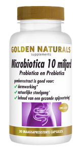 Golden Naturals Microbiotica 10 miljard, witte fles met gouden deksel en etiket met bruikbaarheidsinformatie.