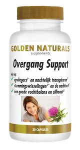 Golden Naturals Overgang Support witte fles met gouden deksel en etiket met vrouw en bloem.