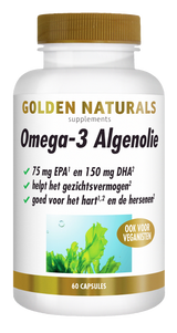 Golden Naturals Omega-3 Algenolie supplementen flesje met gouden deksel en 60 capsules.