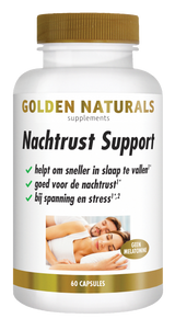 Golden Naturals Nachtrust Support, 60 capsules, wit met gouden deksel en verpakking.
