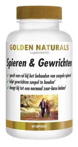 Golden Naturals Spieren & Gewrichten supplement flesje met 60 capsules, wit met gouden deksel.