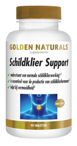 Golden Naturals Schildklier Support, 90 tabletten, wit met gouden deksel en label.