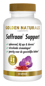 Golden Naturals Saffraan Support, 60 capsules, wit flesje met gouden deksel en saffraan bloem.