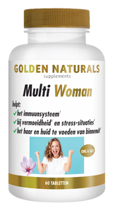 Golden Naturals Multi Woman supplementen flesje met 60 tabletten, gouden deksel en wit label.