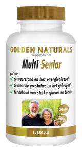Golden Naturals Multi Senior, 60 capsules, witte fles met gouden deksel en label.