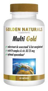 Golden Naturals Multi Gold capsules, 60 stuks, wit flesje met gouden deksel en etiket.
