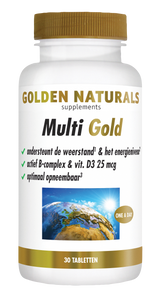 Golden Naturals Multi Gold tabletten, 30 stuks, wit met gouden deksel en label.