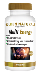 Golden Naturals Multi Energy, 30 tabletten, wit flesje met gouden deksel en label.
