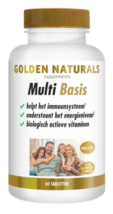 Golden Naturals Multi Basis supplementen flesje met 60 tabletten, wit met gouden deksel en label.