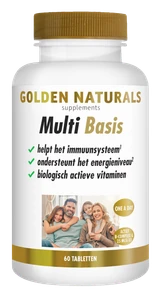 Golden Naturals Multi Basis supplementen flesje met 60 tabletten, wit met gouden deksel en label.