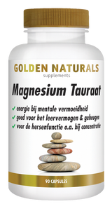 Golden Naturals Magnesium Tauraat, 90 capsules, wit flesje met gouden deksel en label.
