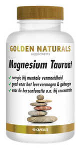 Golden Naturals Magnesium Tauraat, 90 capsules, wit flesje met gouden deksel en label.