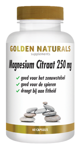 Golden Naturals Magnesium Citraat 250 mg, wit flesje met gouden deksel en etiket.