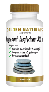 Golden Naturals Magnesium Bisglycinaat 300 mg, 60 tabletten, wit met gouden deksel en label.