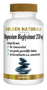 Golden Naturals Magnesium Bisglycinaat 250 mg, 60 capsules, wit flesje met gouden deksel en label.