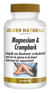 Golden Naturals Magnesium & Crampbark supplementen flesje met 60 tabletten voor beenkramp en bloedvaten ondersteuning.