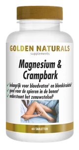 Golden Naturals Magnesium & Crampbark supplementen flesje met 60 tabletten voor beenkramp en bloedvaten ondersteuning.