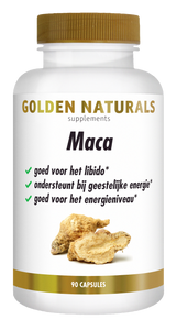 Golden Naturals Maca supplementen flesje met gouden deksel en 90 capsules.