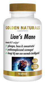 Golden Naturals Lion's Mane supplement pot met 90 capsules in wit en goud kleur.