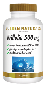 Golden Naturals Krillolie 500 mg, wit flesje met gouden deksel en etiket met Antarctische krill afbeelding.