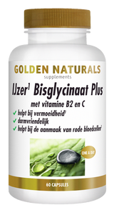 Golden Naturals IJzer Bisglycinaat Plus supplementen flesje met gouden deksel en 60 capsules.