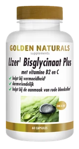 Golden Naturals IJzer Bisglycinaat Plus supplementen flesje met gouden deksel en 60 capsules.