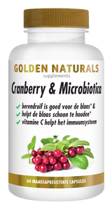 Golden Naturals Cranberry & Microbiotica supplementen flesje met berendruif en capsules.