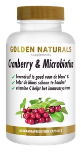Golden Naturals Cranberry & Microbiotica supplementen flesje met berendruif capsules.
