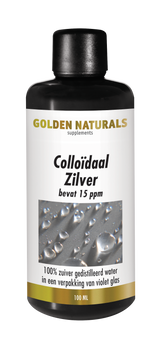 Colloïdaal Zilver 15 ppm, Golden Naturals, fles donker glas met wit etiket en gouden details.