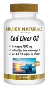 Golden Naturals Cod Liver Oil, 90 capsules, wit flesje met gouden deksel en etiket.
