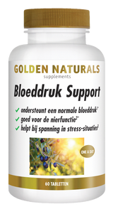 Golden Naturals Bloeddruk Support supplementen flesje met 60 tabletten, wit met gouden deksel en label.