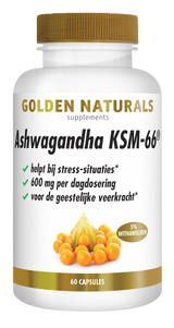 Golden Naturals Ashwagandha KSM-66, wit flesje met gouden deksel en 60 capsules.