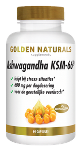 Golden Naturals Ashwagandha KSM-66 wit potje met gouden deksel en 60 capsules.