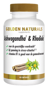 Golden Naturals Ashwagandha & Rhodiola supplement flesje met 60 capsules, wit met gouden deksel.