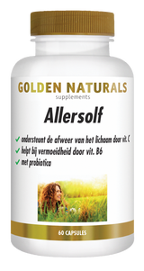 Golden Naturals Allersolf, 60 capsules, wit flesje met gouden deksel en label.