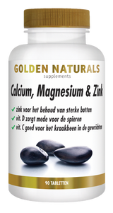 Golden Naturals Calcium, Magnesium & Zink supplementen flesje met 90 tabletten, wit met gouden deksel.