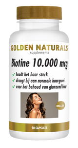 Golden Naturals Biotine 10.000 mcg, 90 capsules, wit flesje met gouden deksel en label.