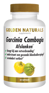 Golden Naturals Garcinia Cambogia supplementen flesje met 60 capsules, wit met gouden deksel en label.