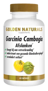 Garcinia Cambogia supplement van Golden Naturals, 60 capsules, wit en gouden flesje.
