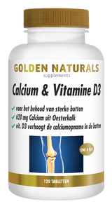 Golden Naturals Calcium & Vitamine D3, 120 tabletten, wit met gouden deksel en band.