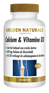 Golden Naturals Calcium & Vitamine D3, 120 tabletten, wit met gouden deksel en band.