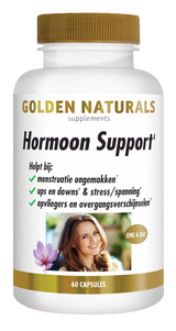 Golden Naturals Hormoon Support, 60 capsules, wit flesje met gouden deksel en label.