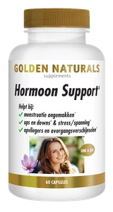 Golden Naturals Hormoon Support, 60 capsules, wit potje met gouden deksel en label.