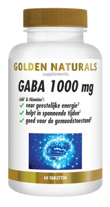 GABA 1000 mg supplementen flesje Golden Naturals met gouden deksel en 60 tabletten.