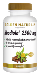 Golden Naturals Rhodiola 2500 mg, wit flesje met gouden deksel en 60 tabletten.