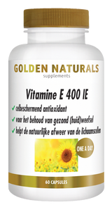 Golden Naturals Vitamine E 400 IE, 60 capsules, wit flesje met gouden deksel en label.