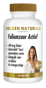 Golden Naturals Foliumzuur Actief supplementen flesje met 90 tabletten.