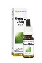 Golden Naturals Vitamine D3 25 mcg druppels flesje met wit deksel en verpakking.