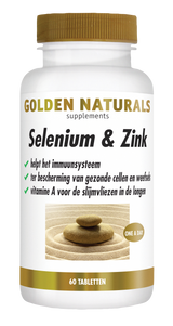 Golden Naturals Selenium & Zink supplementen flesje met 60 tabletten, wit met gouden deksel en label.